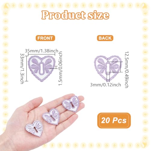 20 stuks geborduurd hart ijzer op patches, 35mm brede naaiknop haak Applique stof kleding Patches voor Jeans kleding DIY ambachten, Lavender
