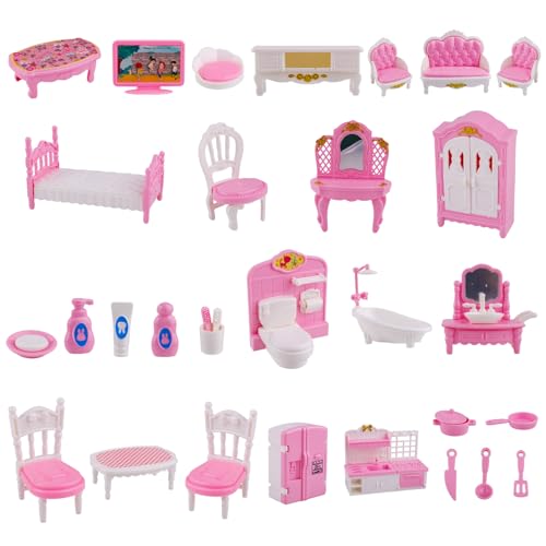 32 st. Miniatuur Poppenhuis Meubilair Accessoires Set, schaal 1:12 Mini Huis Meubilair Cadeau Kleine slaapkamer Woonkamer Badkamer Keuken Mini Scene Role Speelgoed voor kinderen meisjes (Roze)