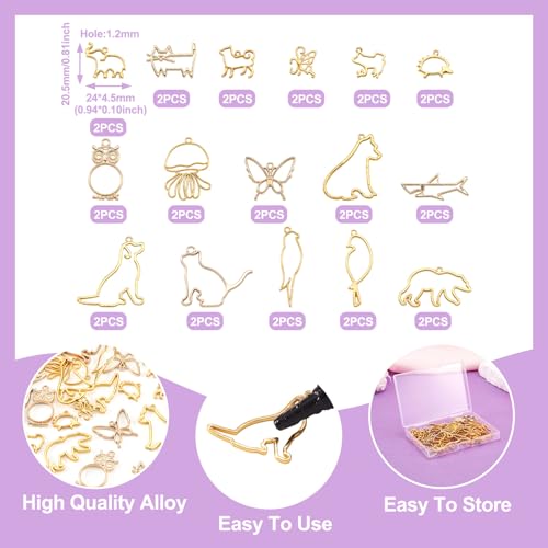 32 st Dier Open Omlijsting Hangers Kat / hond Hollow Legering Bedels voor DIY UV Hars Goud Vlinder Uil Hollow Frame voor DIY Hars Casting Geperst Bloem sieraden 4