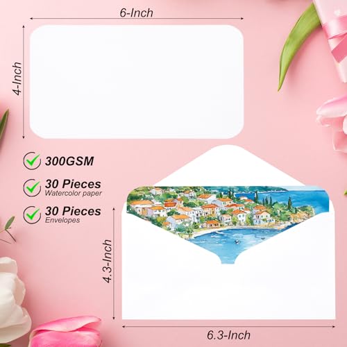 30 Sets Pure Cotton Aquarelkaarten 150 lbs/300 g/m2 Ansichtkaarten Afgeronde Hoeken met Enveloppen voor Kunst Schilderen Creative Dank u Notes, 100x15cm (Rood)