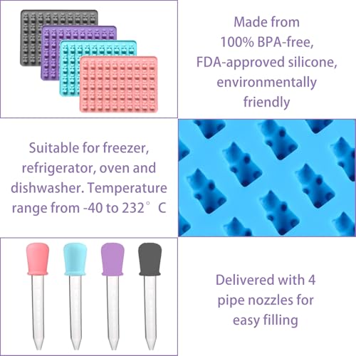 Rubber Bear Shape Siliconen, Verpakking van 4 Siliconen vormen Gummy Bears met 4 Droppers, Set van 50 Siliconen Candy vormen voor chocolade vormen, Jelly, Gummy Bears 3