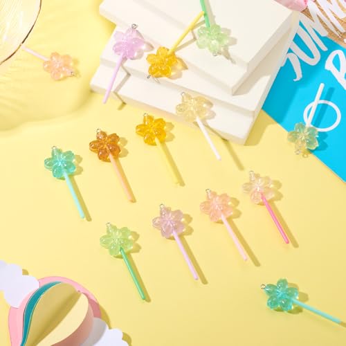16 st Flower Magic Stick Hars Hangers Luminous Magic Wand Cherry Blossoms Lollipops Bedels met lusjes Opaque Bloemen Dangle Zoek voor oorbellen sieraden maken, Hars, Hars