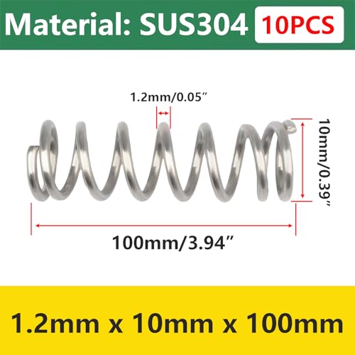 10 st Compressieve veer, Mini Roestvrij stalen veren, metalen veren voor vervanging en reparatie, 1,2 x 10 x 100 mm