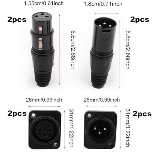 Verpakking van 4 3 Pin XLR Solder Connector, XLR Plug/Socket, Microfoon Kabelplug, Microfoon Audio Jack + Vrouw voor 3-Pin XLR Panel Mount, Zwart