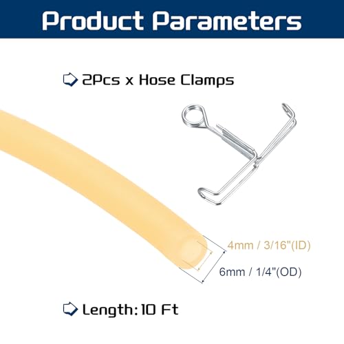 10ft Natural Latex Rubber Tube, 3/16" (4mm) ID x 1/4" (6mm) OD Sling Shot Rubber Tube Tube met slangklemmen voor oefening, Stretching, Laboratorium, Home Slang Tube