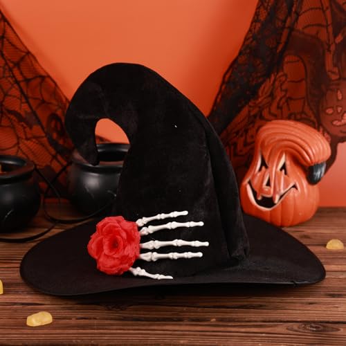 Witch Hat voor volwassenen, Halloween Wizard Hat met rozen en schedel hand patroon Cosplay kostuum accessoires voor Halloween Party (zwart) 3