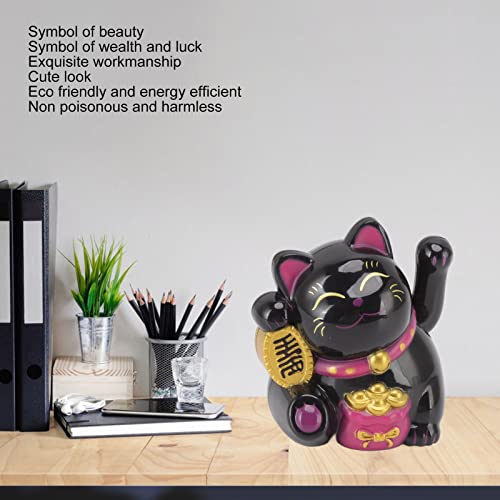 Fortune Lucky Cat Chinese decoratie zwaaien Arm Zonnelicht inductiebeeld Figurine voor Home Car Ornaments (Sit Sideways Black) 4