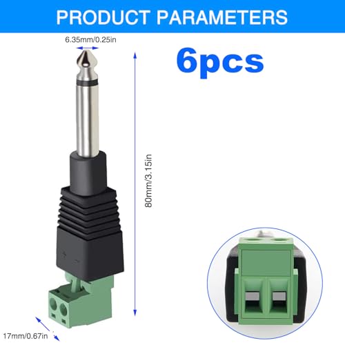 6 st. 6.35mm TS-plug op schroefterminal, 1/4" TS Mono Audio Terminal zonder solderen voor luidsprekermicrofoon, 6.35mm 2-Pin Plug om Terminal Strip te schroeven