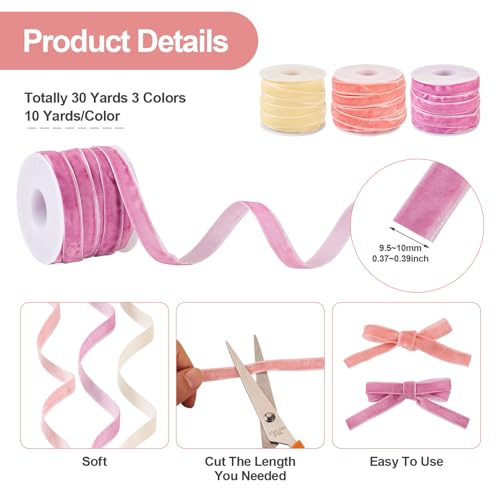 Velvet Ribbons 10mm Single Face Velvet Ribbons Bow Making Libbons 3 Kleuren voor DIY Crafts Cadeau Verpakking Bow Choker haarband, roze en geel en zalm 4