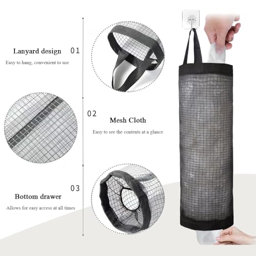3 stuks plastic zakhouder, opknoping vuilniszak draagtas opslaghouder met 3 stuks plakkerige haken opvouwbare Mesh hangbare opslagzak plastic zakdispenser voor thuis keuken vuilniszak opslag 3