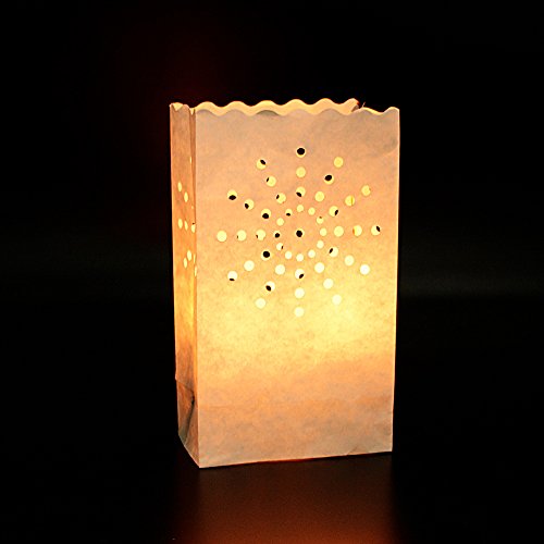 Verpakking van 50 lichtzakken, papieren zakjes voor theelichtjes en kaarsjes met zonnepatroon voor thuis bruiloft viering decoratie (26 x 15 x 9 cm)