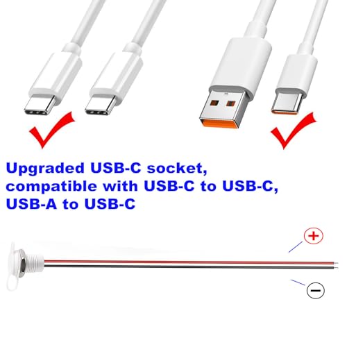 Verpakking van 10 USB C Socket, 5 V, 3 A, 2 Pin met stofhoesjes en Noten, 2-Wire USB C Solderen, Ingebouwde Socket met PD-functie, 150 mm, 24 AWG Wires, Wit 3