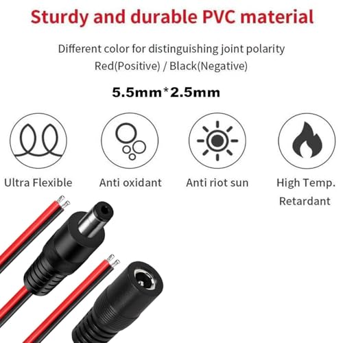 2st 14 AWG 12V 5.5mm x 2,5mm DC Power Pigtail Kabel, 5525 DC Power Jack Barrel Connector voor beveiliging thuis, bewakingscamera en Party Lighting (1m) 5