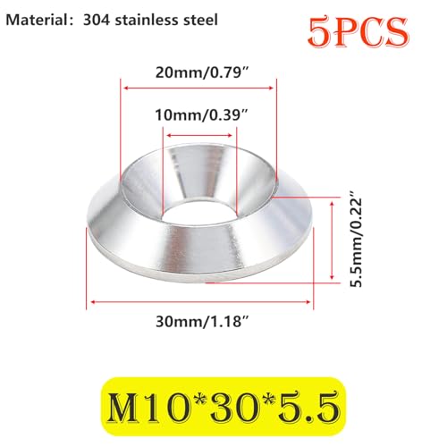 Verpakking van 5 ringen Roestvrij stalen ringen M10 x 30 mm verzonken schijven Decoratieve schijven voor verzonken schroeven