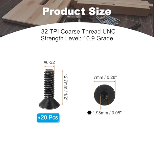 #6-32 x 1/2" Flat Head Schroeven met Hexagon, 20st Platte Head Schroeven, Hexagon, Machine Schroeven, Volledige Thread, Unc Oxide Black, Graad 10.9