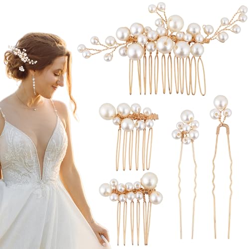 5 st Parel bruid bruid haar Comb, U Vorm bruid Hair Clip Faux Pearl Bruids zijde Combs Gold Hair Comb Hair Comb Barrette Vintage esthetische bruids haar accessoires voor vrouwen meisjes