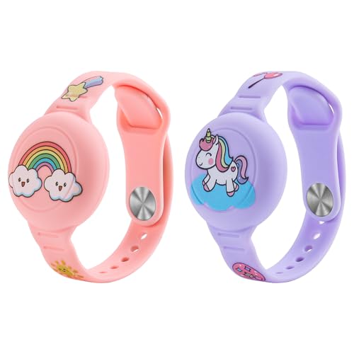 Sea 2 Pack Airtag Armband, Boheemse Regenboog Eenhoorn Patroon Siliconen Airtag houder voor peuters Ouderen, GPS Tracker Beschermende Case (Lilac, Roze)