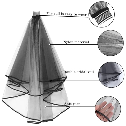 Bruidssluier Korte met Comb, 2 Stage Tulle Zwarte Halloween Witch Cosplay Elbow Lengte Ribbon Edge 60-80cm Zwarte korte bruiloft bruid Veil, zwart 3