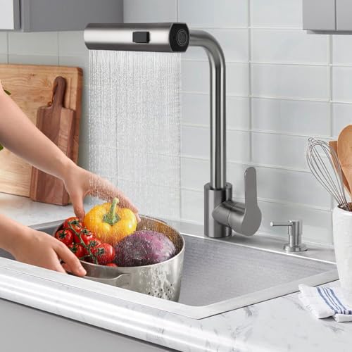 Keuken Faucet, Koper Waterval Keuken Faucet, 3 Watermodi Keuken Mixer Tap, 360 graden draaibare keuken Aanrecht Faucet, Enkelhandvat Watertap 31 X 14 X 19 cm (GRAY)