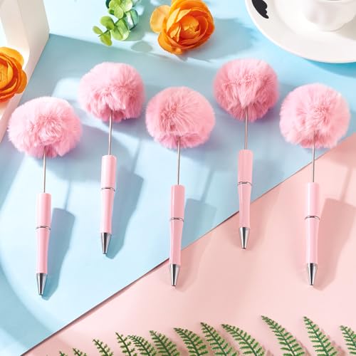 10 stuks pluche kralen Pennen Fluffy Ballpoint Pennen Pom Pom Ballpoint Pen voor DIY Gepersonaliseerde kralen Pen Rollerball Pen Office School Supplies, Pearl Pink 4