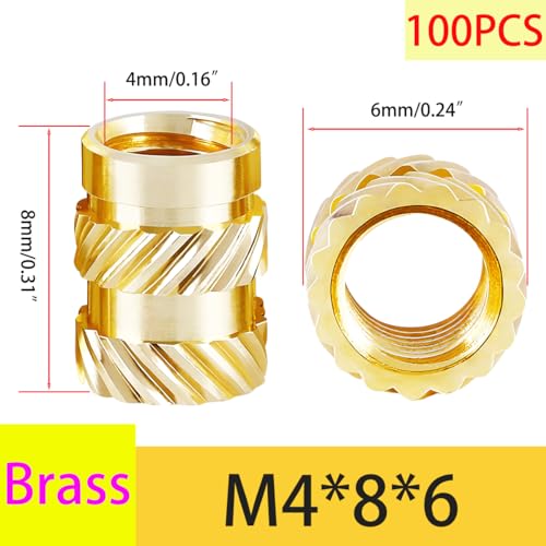 Verpakking van 100 draad inserts, messing noten voor 3D-printen, Threaded Bushing, Knurled Brass Thread Nuts, M4 x 8mm x 6mm