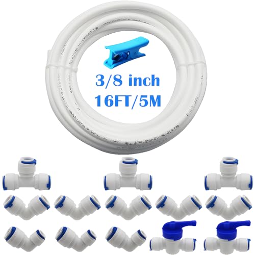 3/8" RO waterfilter, 5m koelkastslang, (T + L type combo + afsluitventiel), L type aansluiting 1/4" tot 3/8" fittingen met slangsnijder
