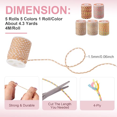 5 Rolls 1.5mm Macrame Touw Strings Gevlochten Cotton Cord 4 Laag Twisted Kralen String Roll voor ketting Wand hangers Breien Plant Hangers Armband Ambacht sieraden Home Decoratie 3