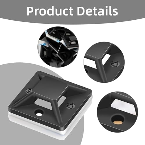 Verpakking van 100 Zelfklevende Base voor kabelbanden, zwarte kabelbanden, Zelfklevende basishouder, Kabelbandhouder, Zelf-Adhesive, 20 x 20mm Kleefkussens, Kabelbanden, Schroefbasis Zelfklevend voor thuis 3