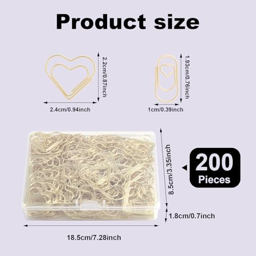 200st Gouden hartvorm Paper Clips, 2 maten Schattig Paper Clip Vorm Liefde Bloem Decoratieve Paper Clips voor ambachten Dagboeken Scrapbooking DIY Office School bruiloft Uitnodiging