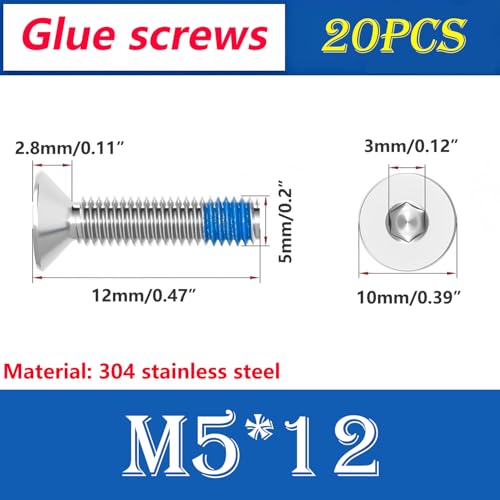 Verpakking van 20 verzonken schroeven M5 x 12 mm met zeshoekige stopcontact standaard DIN 7991, kleine schroefjes met schroefdraad met coating van Threadlock