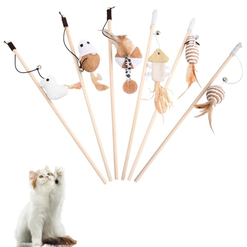 6st Interactieve Kattenspeelgoed, Kattenstok, Kattenspeelgoed Kitten, Kat Accessoires met Veren, Kattenspeelgoed voor Binnenkatten, Kattenspeelgoed Stick met Bell, Intelligente Speelgoed voor