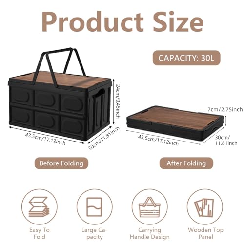 Campingdoos, 30 Liter, Picknickmand, Opbergdoos, Stapelbaar, Camping, Opvouwdoos, Opvouwdoos, Zwart, Kamperen Tafel, Stapeldozen, Plastic Box met Lid, voor thuis, Kantoor, Camping