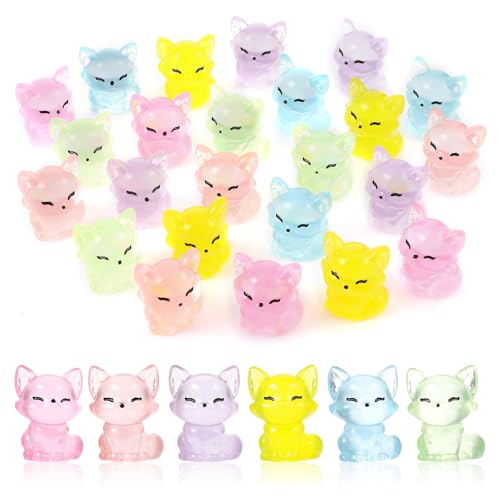 24 stuks Mini Luminous Resin Fox, Meerkleurige Small Fox Decoration Glowing in the Dark, Cute Fox Figures, Mini Resin Animals for Dollhouse, Pot Decoration, Aquarium, Tuin