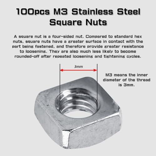 100st M3 DIN557 Metrische draad Vierkante Noten SS304 Roestvrij staal Vierkante Nut voor Machine Bevestiging, Zilver Kleur (M3(100/))