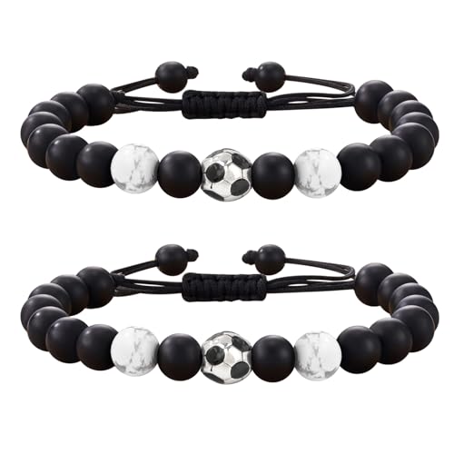 Voetbal armband, 2 stuks Stijlvolle Black Stone verstelbare handgemaakte kralen armbanden voor mannen Dad Brother Friend