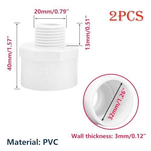 2 stuks PVC Pipe Fittings, 32mm x 1/2 inch Man Thread Pipe Fittings Adapter Connector, voor PVC Hookah Accessoires (Slip to Male Thread)