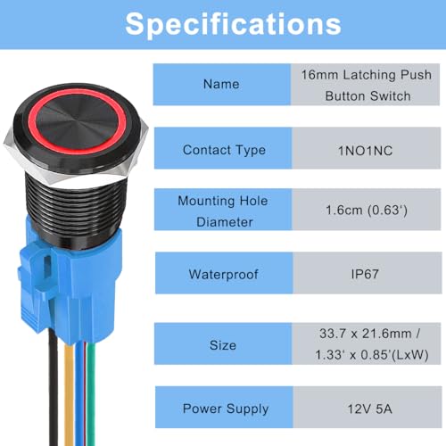 2Scs 16mm Latching Push Button Switch 12V DC Waterdichte Power Button Switch 0.63" Montagegat met Wire Socket Plug, LED-licht voor auto's boten schepen vrachtwagens