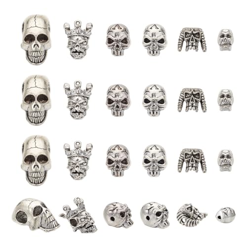 24st Legering Schedel kralen, 6 Styles Antiek Zilver Tibetaanse Style Skeleton kralen Halloween Duivel hoofd kralen gotische punk stijl lose spacer kralen voor sieraden armband maken