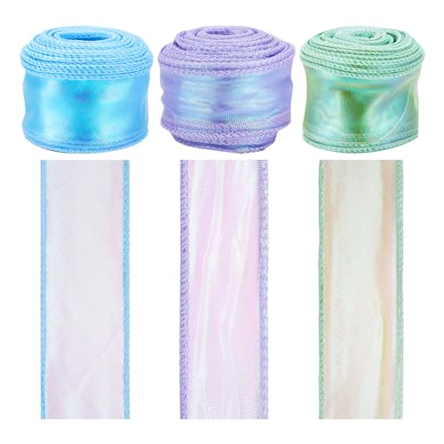 3 Rolls Polyester Iridescent Fishtail Ribbon Glittering Chiffon Ribbons 45mm Gift Wrapping Ribbon Bruiloft Bouquet Bows Wrapping Kralen Decoratie, 3 Kleuren