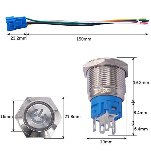 Rode LED Zelfvergrendelende drukknopschakelaar met Power Symbool, IP67 LED-knop, LED-duwknop voor auto met 23cm kabelset voor 19mm 3/4 Inch bevestigingsgat 12V Power 5