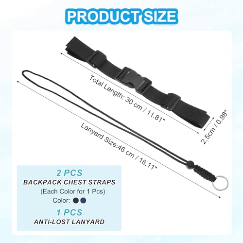 Rugzak borstband set, 2 stuks Polyester Webbing verstelbare vervangingsband met snelle release en anti-verloren lanyard voor Bag Outdoor Wandelen, Blauw/Zwart, Blauw/Zwart, 27cm