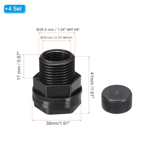 PVC Bulkhead Fitting met dop NPT1/2 Vrouw x GHT 3/4 Inch Man, 4 stuks Dubbele Threaded Bulkhead Water Tank Connector met Sealing pakking voor regenemmer, wasbakken, Aquariums, Zwart