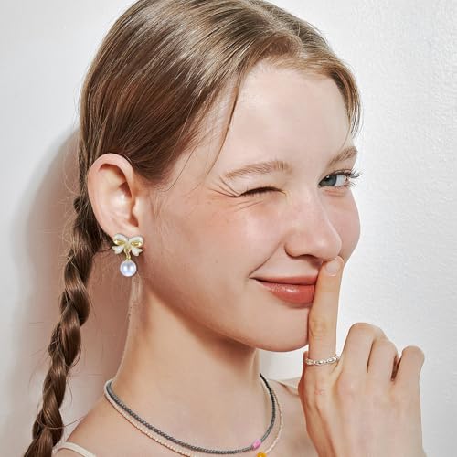 Parel oorbellen met strik, parel oorbellen boog oorbellen oorbellen, boog oorbellen voor vrouwen, parkle boeg parels oorbellen voor sieraden accessoires geschenken, zinklegering,resin, zinklegering, hars 4