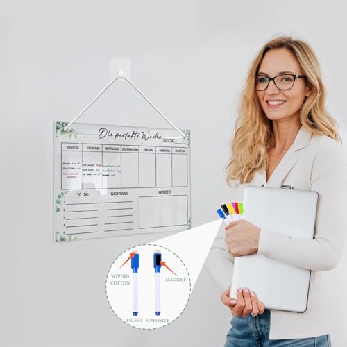 Wekelijkse Planner Wasbaar Wekelijkse Planner Magnetische Acrylic Dining Planner Week 30 x 20 cm Family Planner Planning Boards Whiteboard met 6 Wis Markers 1 Haak Witte koord Weekkalender Planning Board 4