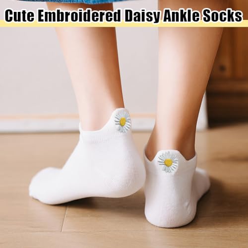 Sneaker sokken voor vrouwen, 4-7, 7 paar, Weekly, schattig geborduurd Daisy enkelsokken, ademende katoenen sokken voor vrouwen meisjes, wit, 4-7, wit