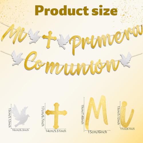 Mi Primera Comunion Banner, Gold Glitter Paper Banner Pull Flag Mi Primera Comunion Decoraties voor Spaanse Communie Religieuze Partij Doop Partij Supplies (Pre-strund)