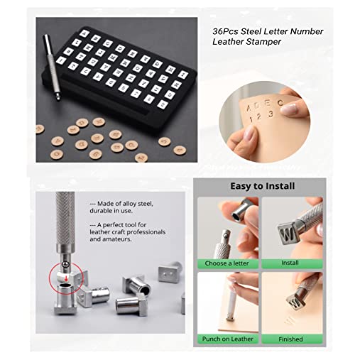 36Stuks Lederwaren Letter- en nummerstempels Ponsgereedschap, 26 Letters Alfabet & 10 Numbers Geperst Ponsgereedschap voor riemtasschoenen Ambacht Markering 6mm 3