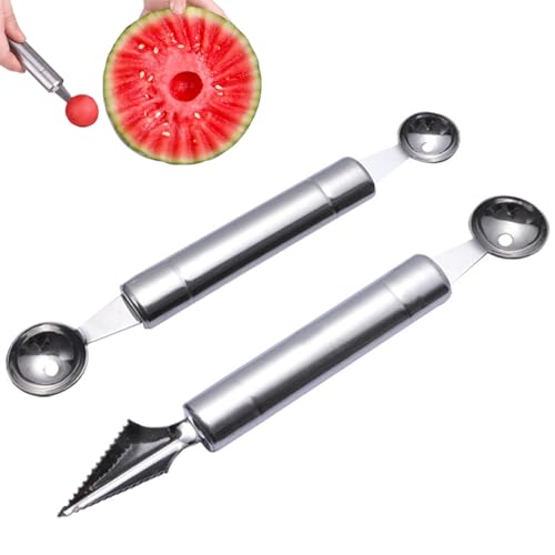 2 st Fruit snijgereedschappen, Meloenlepel, Fruit snijgereedschappen, 2 in 1 Fruit snijden Mes, Ball Cutter en snijgereedschappen, Meloenlepel, Ball Cutter, Dubbele Doel voor Saladen, IJs, Fruit