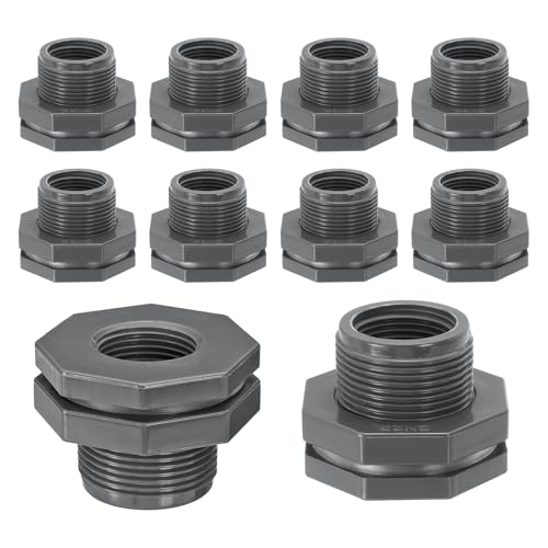 PVC Bulkhead Fitting 1 Inch Vrouw, 10 stuks Dubbele Threaded Bulkhead Water Tank Connector met Silicone Seal Pakking voor Regenemmer, Spoelen, Aquaria, Grijs