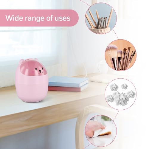 Bureaumand, Mini Light afvalbak, Draagbare kleine plastic tafelmand met deksel, verwijderbare penhouder, schattig (Roze) 5